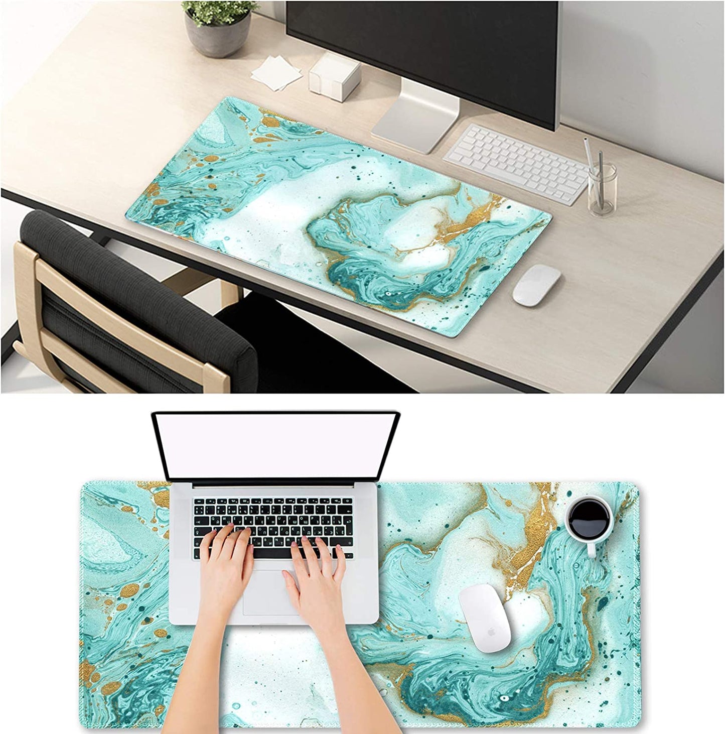 Extended Gaming Mouse Pad XXL  Large Keyboard Mat Long Mousepad Desk Decor Writing Pad Non Slip Rubber Base Stitched Edges for Work, Game, Office, Home, 35.1 X 15.7 In, Teal Turqoise Marble