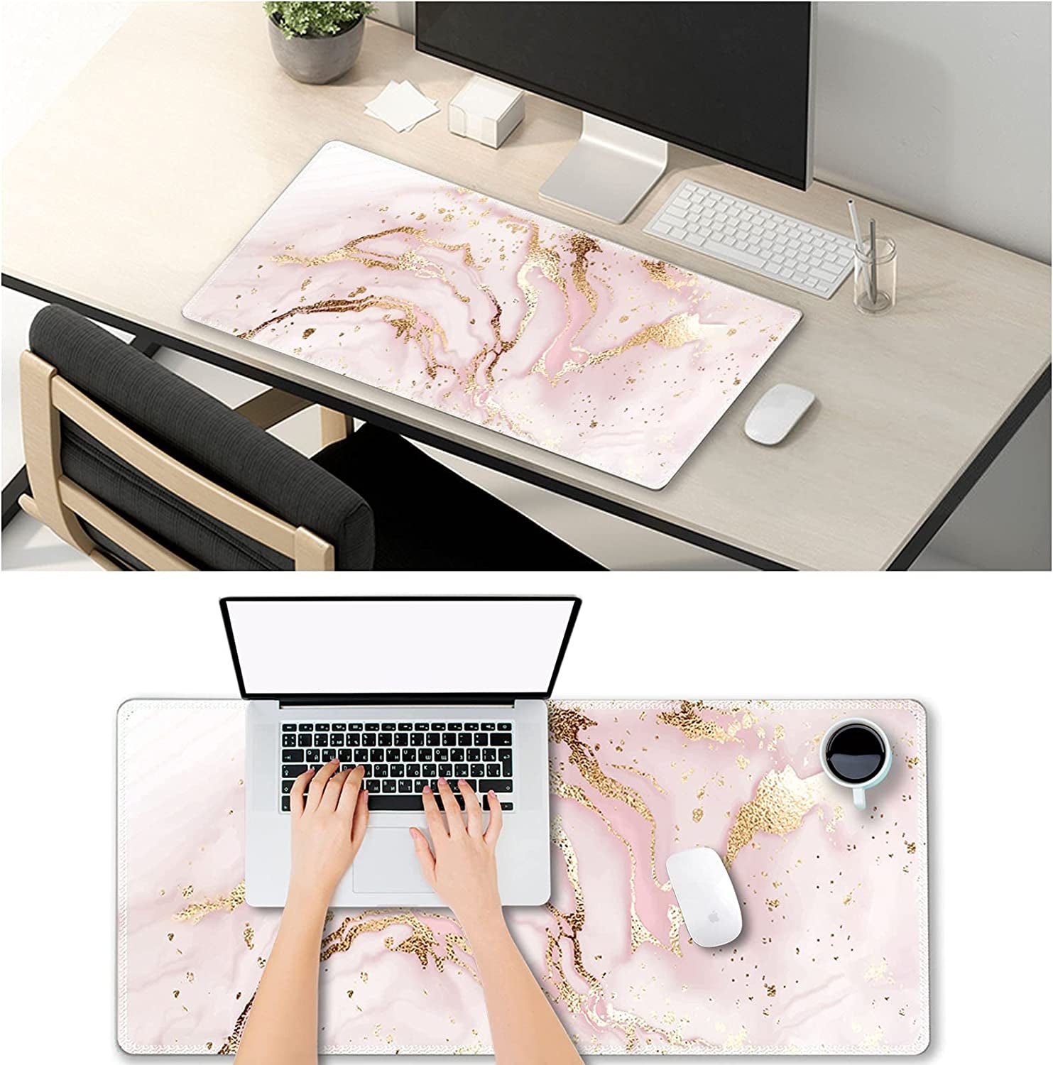 Extended Gaming Mouse Pad XXL  Large Keyboard Mat Long Mousepad Desk Decor Writing Pad Non Slip Rubber Base Stitched Edges for Work, Game, Office, Home, 35.1" X 15.7", Pink Marble